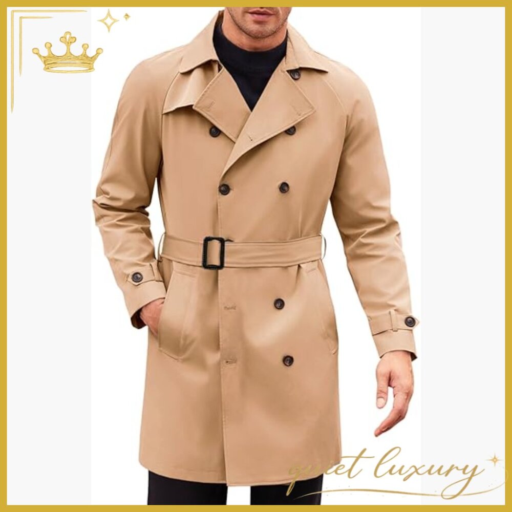 Men's Trench Coat Double Breasted Belted Overcoat Notched Lapel Windbreaker